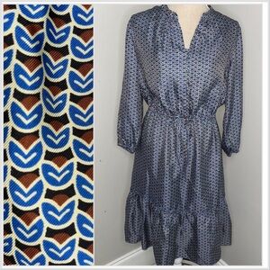 J McLaughlin silk blend geometric midi blue & brown dress V-neck ruffled Medium